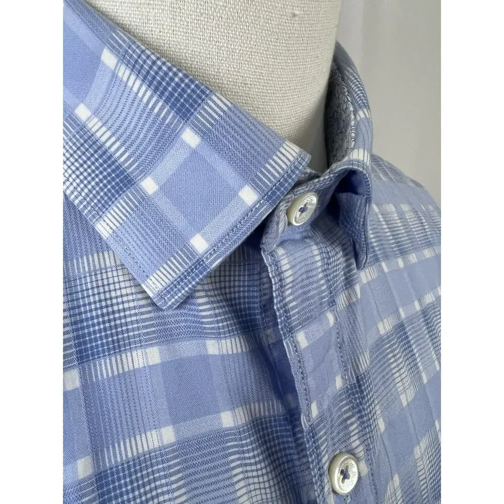 Bugatchi White & Blue Plaid Casual Button Down Shirt - Size Large - Classic Fit